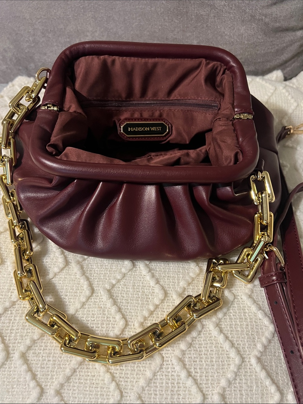 Madison West Wine Faux-Leather Shoulder Bag with Gold Chain